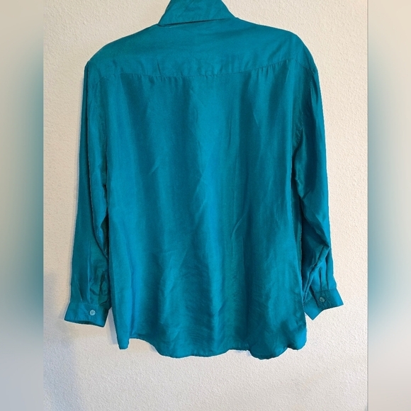 Vintage Jordan 100% Silk Blouse Women Sz 12 Blue Long Sleeves Embroidered - Picture 13 of 13